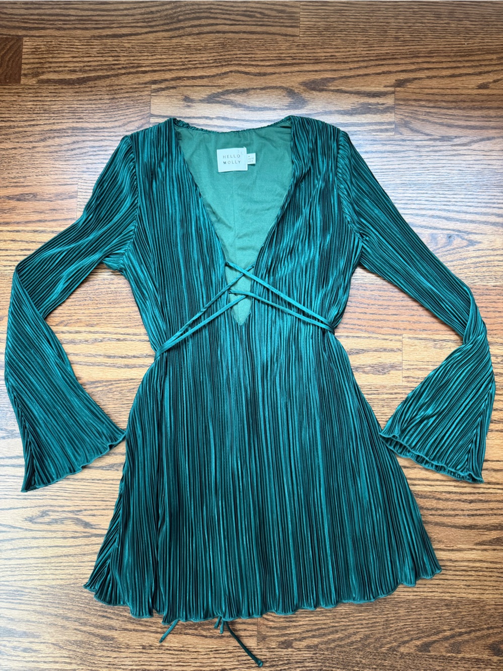 Hello Molly Emerald Green Pleated Mini Dress with Deep V and Ties